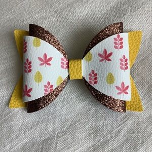 Fall faux leather glitter hair bow - little girl toddler harvest leaves accent